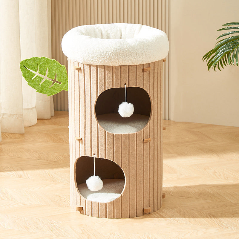 Rustic Cylindrical Tree Hole Cat Tower with Felt Sherpa Fleece-Orizon Depot