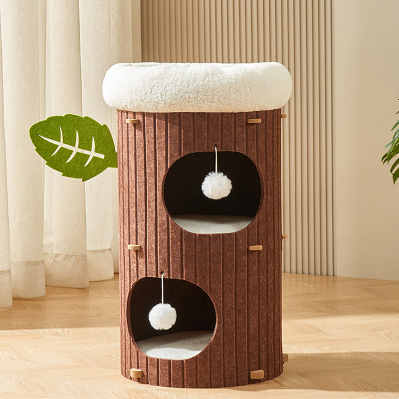 Rustic Cylindrical Tree Hole Cat Tower with Felt Sherpa Fleece-Orizon Depot
