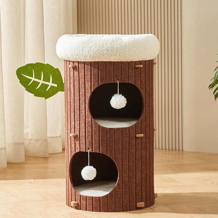 Rustic Cylindrical Tree Hole Cat Tower with Felt Sherpa Fleece-Orizon Depot
