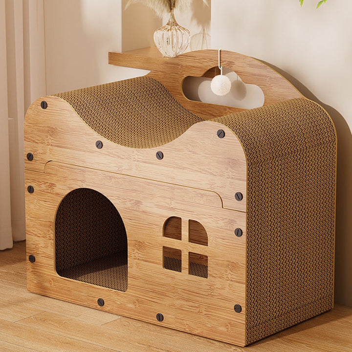 Rustic Wavy Rectangle House-Shape MDF Cat Bed with Storage Cabinet-Orizon Depot