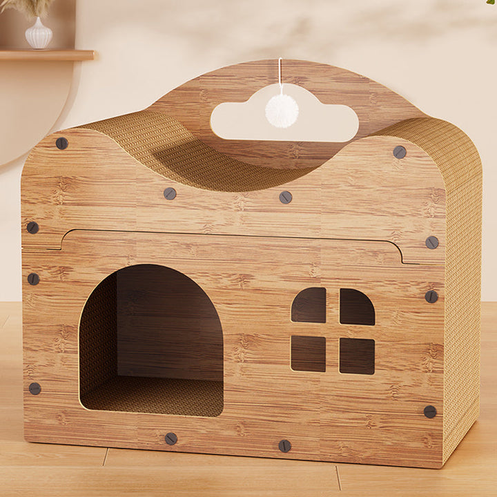 Rustic Wavy Rectangle House-Shape MDF Cat Bed with Storage Cabinet-Orizon Depot