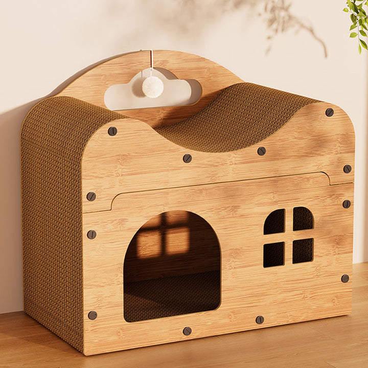 Rustic Wavy Rectangle House-Shape MDF Cat Bed with Storage Cabinet-Orizon Depot