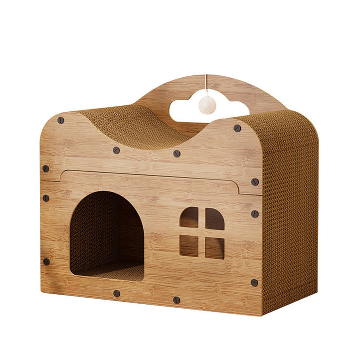 Rustic Wavy Rectangle House-Shape MDF Cat Bed with Storage Cabinet-Orizon Depot