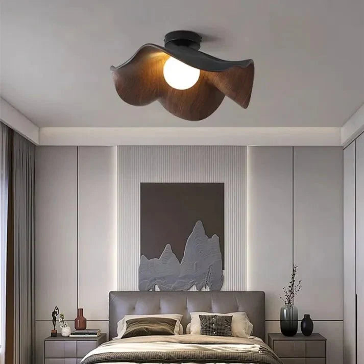 Scandinavian Wooden Lotus Ceiling Light | Modern Resin & Iron Lamp