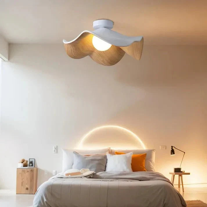 Scandinavian Wooden Lotus Ceiling Light | Modern Resin & Iron Lamp