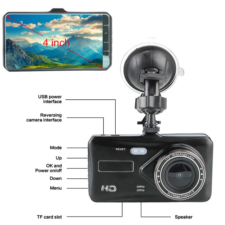 Dual Lens Dash Cam 4" HD 1080P Touch Screen Video Recorder-Orizon Depot