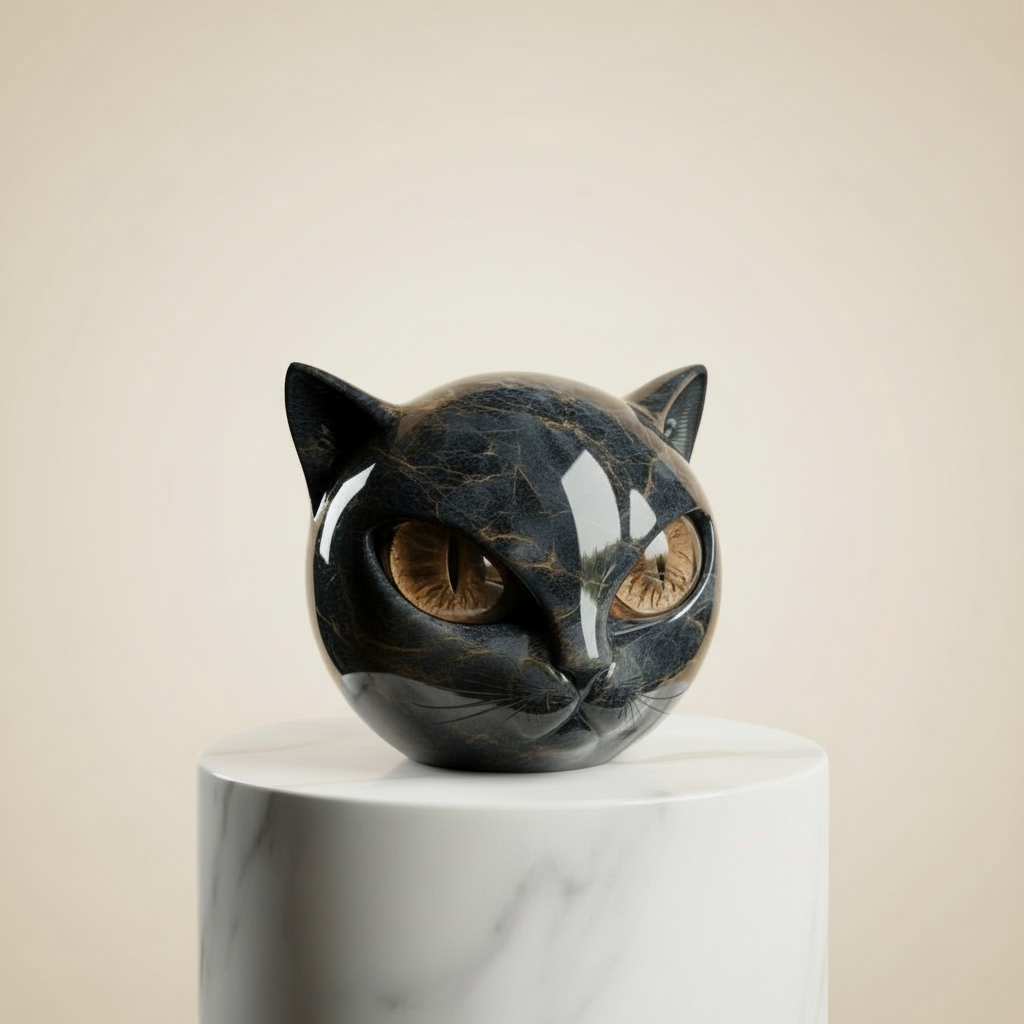 Black Cat Head Sculpture with Hypnotic Eyes – Noir Design-Orizon Depot