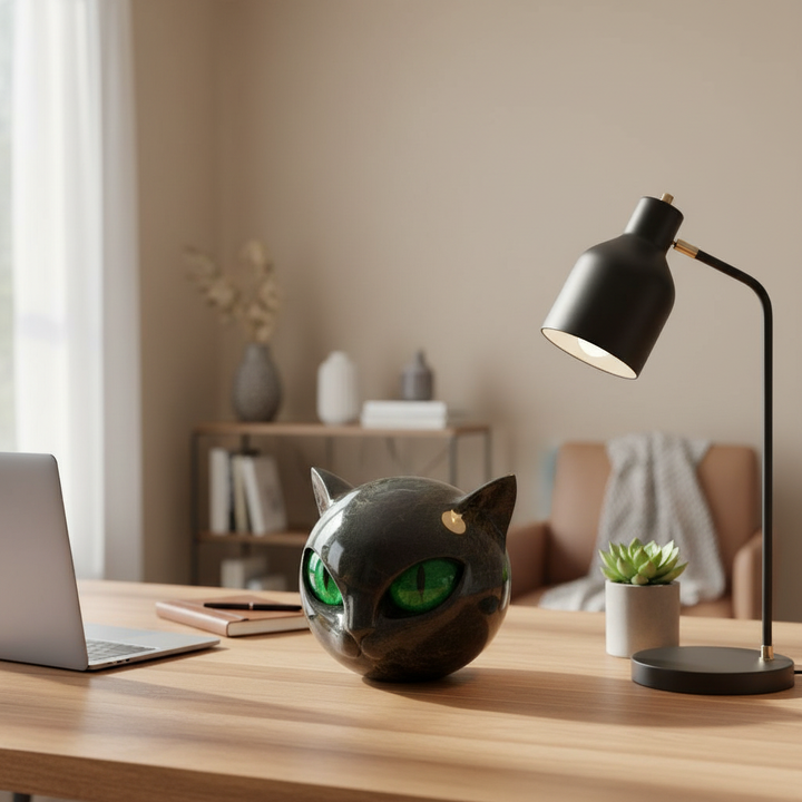 Black Cat Head Sculpture with Hypnotic Eyes – Noir Design-Orizon Depot