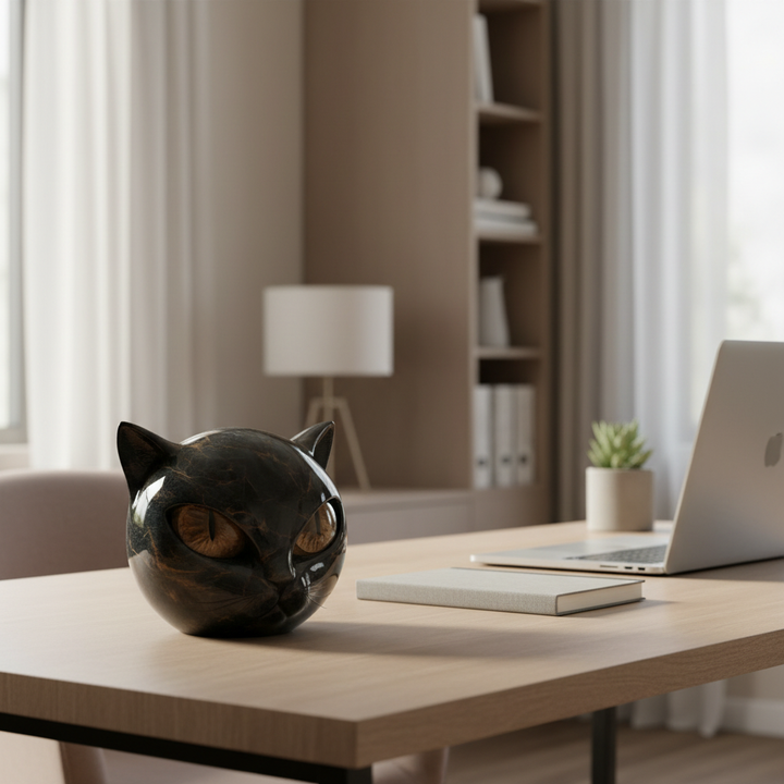 Black Cat Head Sculpture with Hypnotic Eyes – Noir Design-Orizon Depot