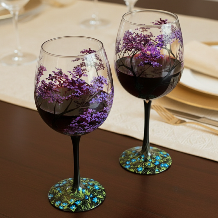 Hand Painted Four Seasons Tree Wine Glasses | Unique Art Design-Orizon Depot