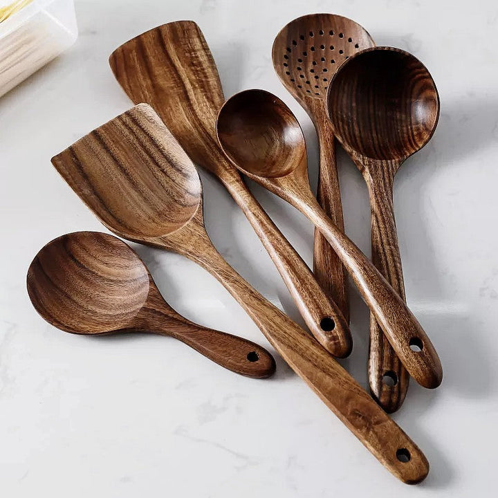 7-Piece Premium Teak Kitchen Helper Set – Stylish Cooking Tools-Orizon Depot
