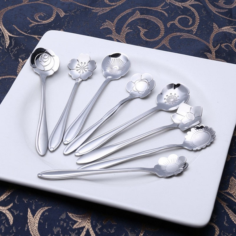 8-Piece Stainless Steel Teaspoon Set with Flower Design-Orizon Depot