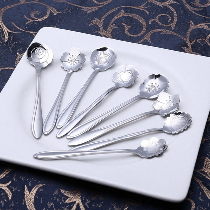 8-Piece Stainless Steel Teaspoon Set with Flower Design-Orizon Depot