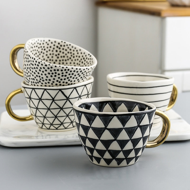 Geometric Pattern Cup with Gold Handle - Stylish Drinkware-Orizon Depot