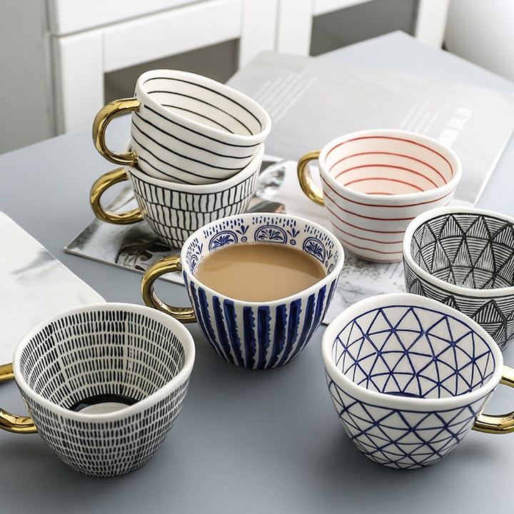 Geometric Pattern Cup with Gold Handle - Stylish Drinkware-Orizon Depot