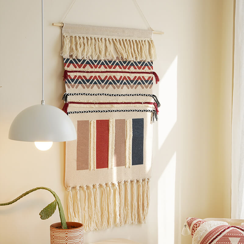 Handwoven Geometric Pattern Tassel Wall Hanging Decor-Orizon Depot