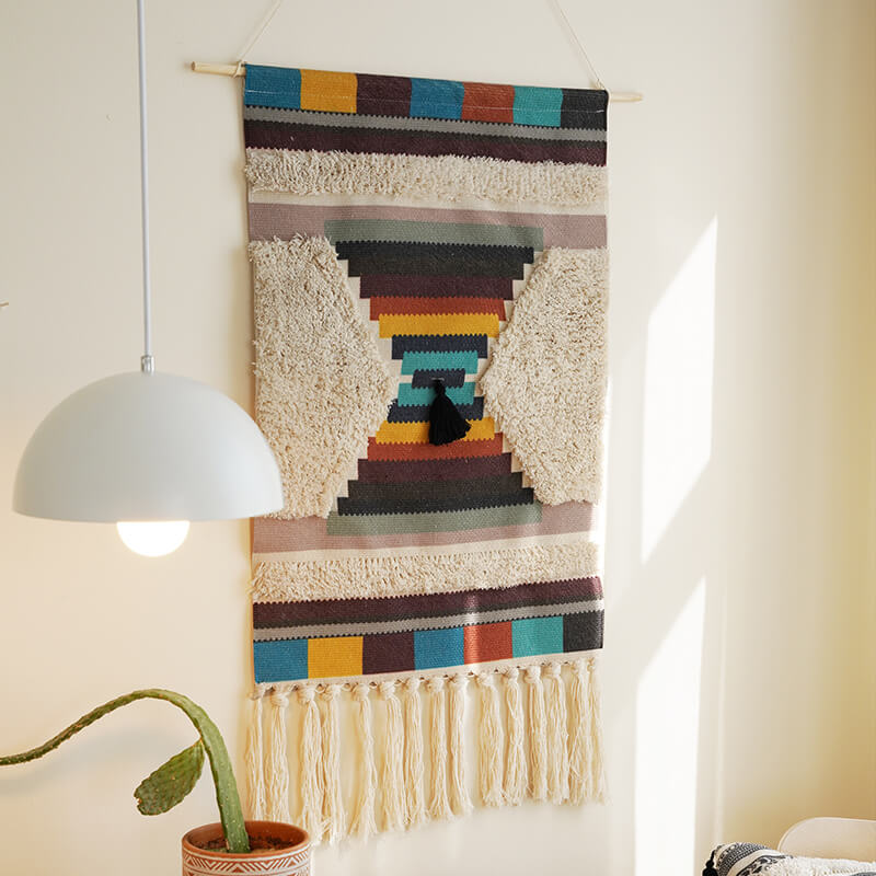 Handwoven Geometric Pattern Tassel Wall Hanging Decor-Orizon Depot