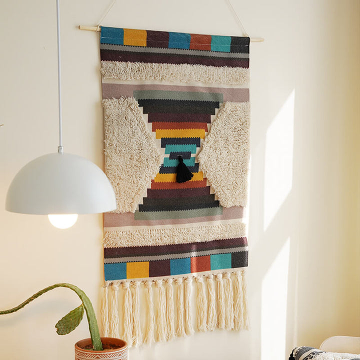 Handwoven Geometric Pattern Tassel Wall Hanging Decor-Orizon Depot