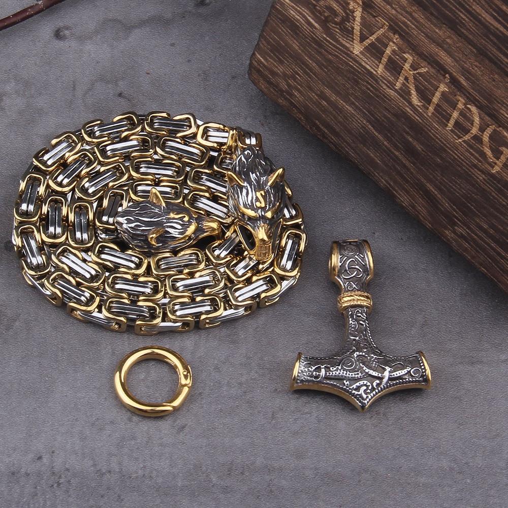 Stainless Steel Double Wolf Head & Mjolnir Survival Spirit Necklace/Bracelet-Orizon Depot