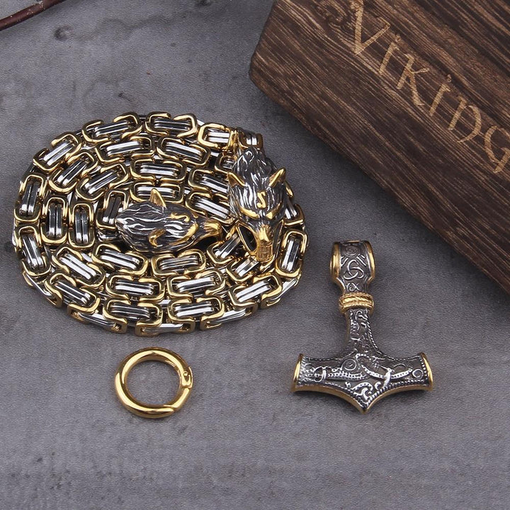 Stainless Steel Double Wolf Head & Mjolnir Survival Spirit Necklace/Bracelet-Orizon Depot