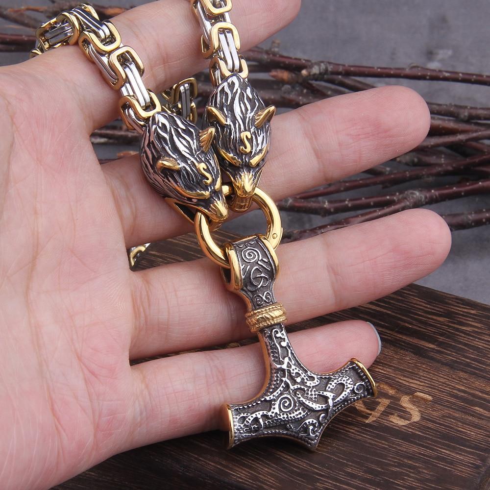 Stainless Steel Double Wolf Head & Mjolnir Survival Spirit Necklace/Bracelet-Orizon Depot