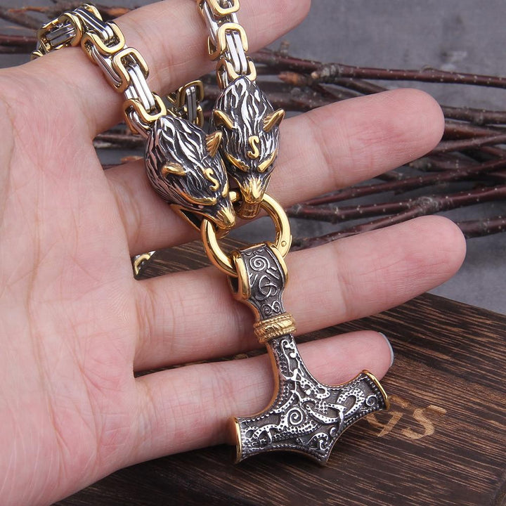 Stainless Steel Double Wolf Head & Mjolnir Survival Spirit Necklace/Bracelet-Orizon Depot