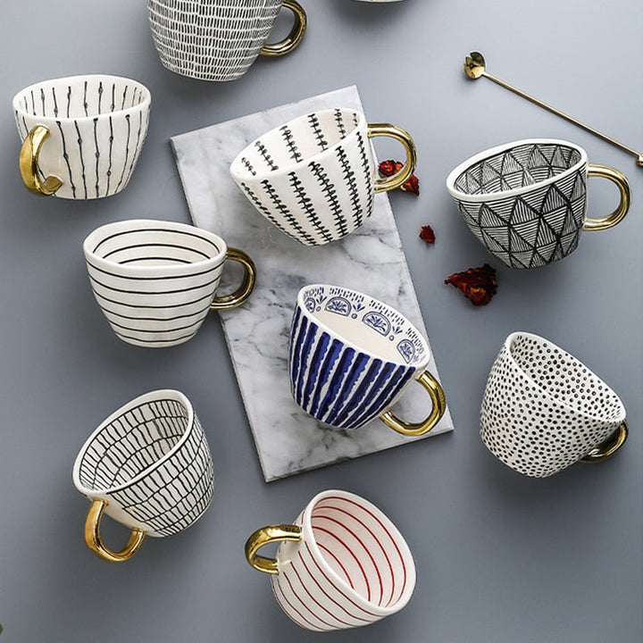 Geometric Pattern Cup with Gold Handle - Stylish Drinkware-Orizon Depot