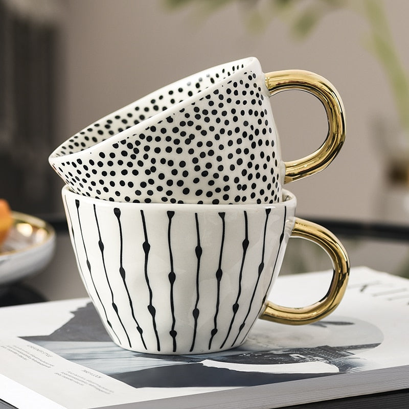 Geometric Pattern Cup with Gold Handle - Stylish Drinkware-Orizon Depot