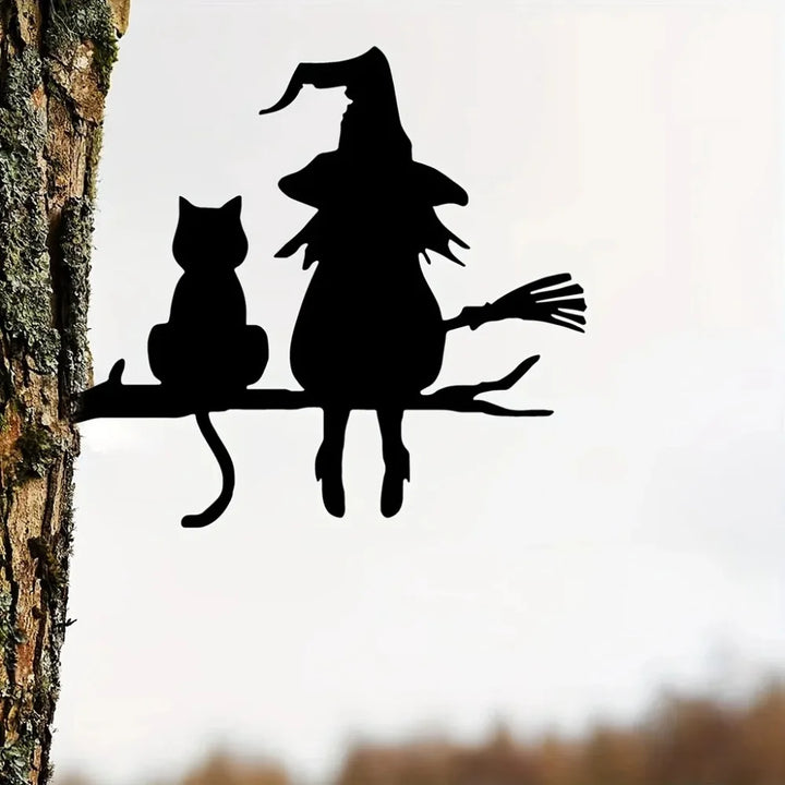 Metal Art Witch and Cat Garden Decoration for Outdoor Decor-Orizon Depot