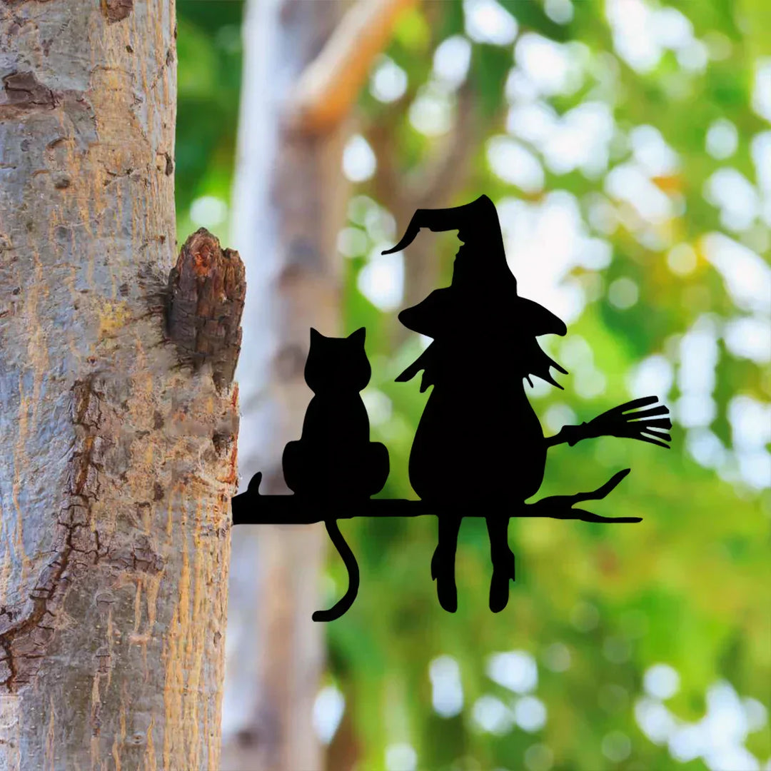 Metal Art Witch and Cat Garden Decoration for Outdoor Decor-Orizon Depot