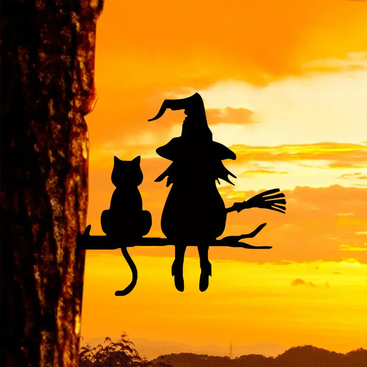 Metal Art Witch and Cat Garden Decoration for Outdoor Decor-Orizon Depot