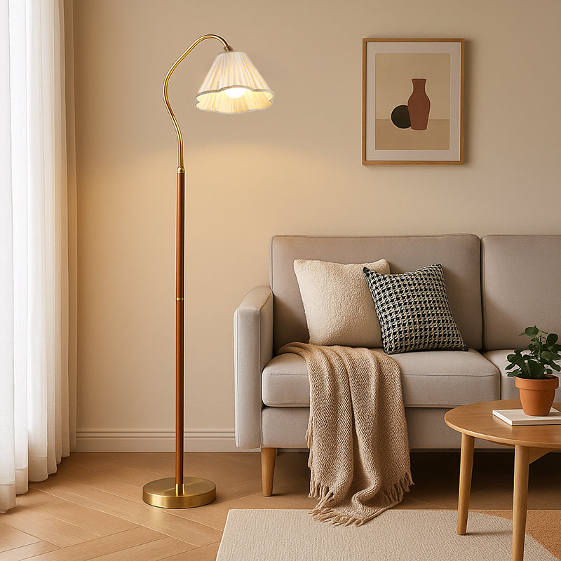 Japanese Vintage Flower Solid Wood Iron Fabric 1-Light Pedestal Floor Lamp-Orizon Depot