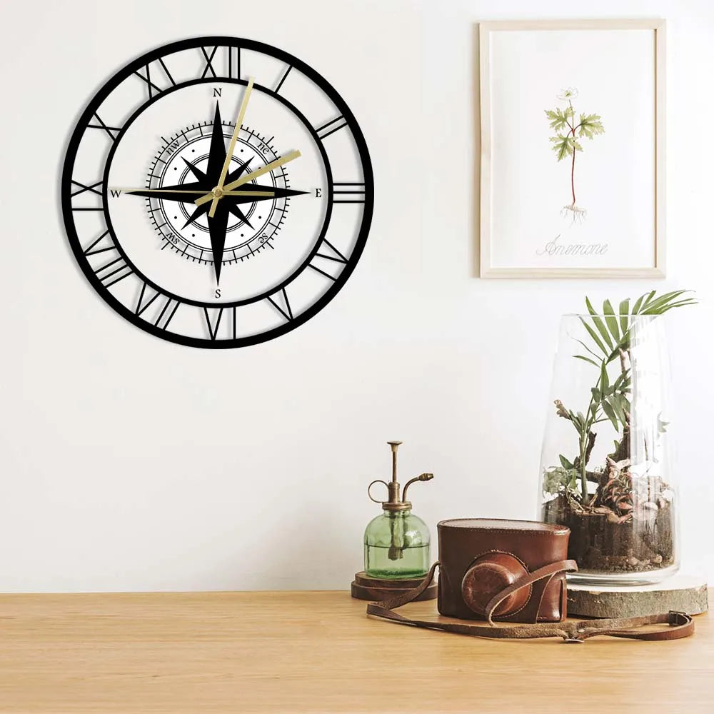 Nautical Compass Wall Clock with Directional Chart Design-Orizon Depot