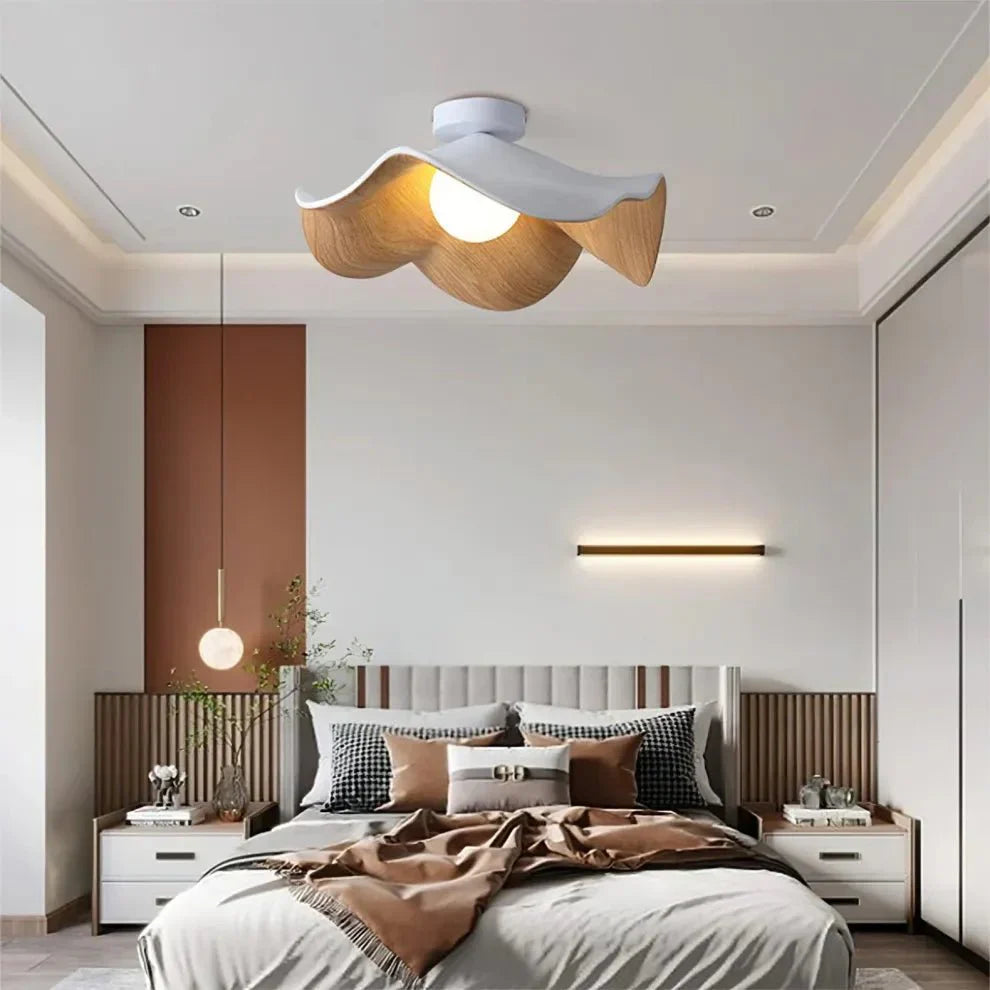 Scandinavian Wooden Lotus Ceiling Light | Modern Resin & Iron Lamp