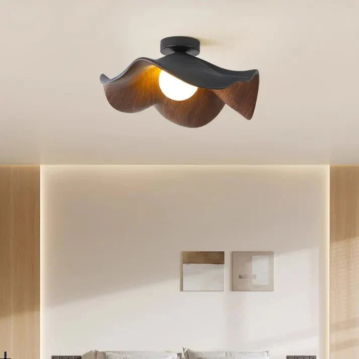 Scandinavian Wooden Lotus Ceiling Light | Modern Resin & Iron Lamp