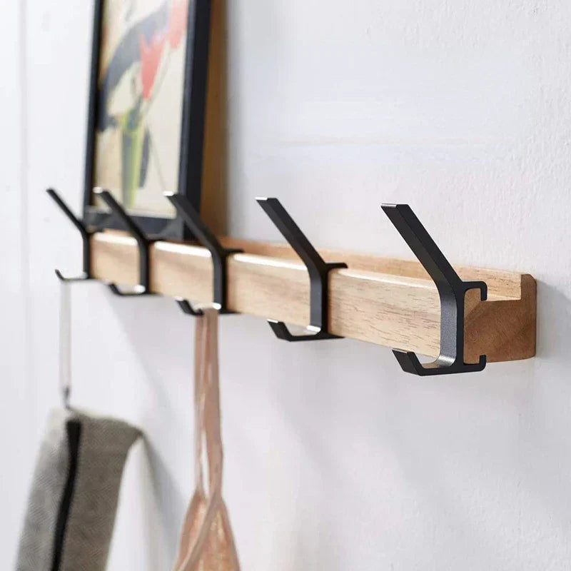 Wall-Mounted Coat Rack with Adjustable Dual Hooks in Black & Wood
