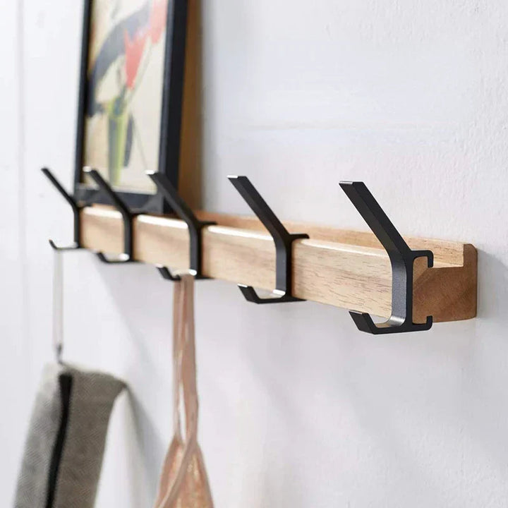 Wall-Mounted Coat Rack with Adjustable Dual Hooks in Black & Wood