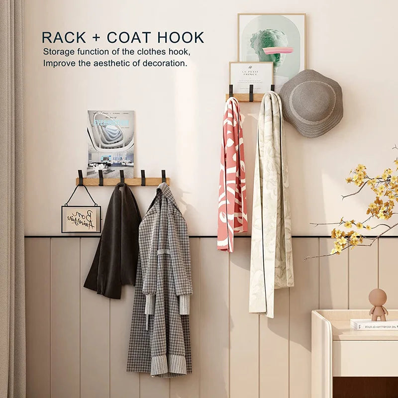 Wall-Mounted Coat Rack with Adjustable Dual Hooks in Black & Wood