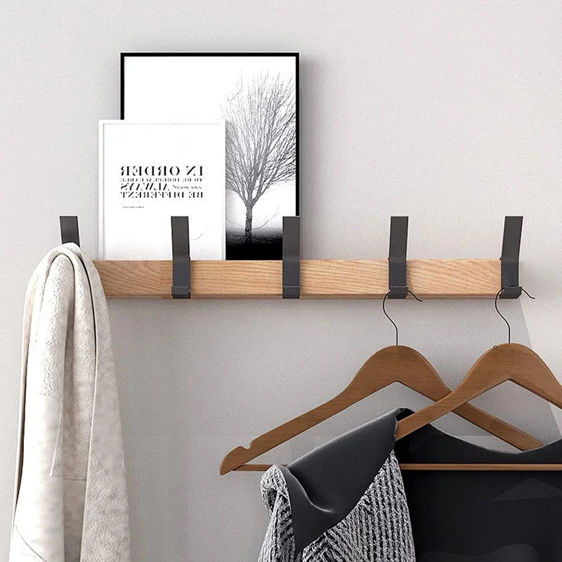Wall-Mounted Coat Rack with Adjustable Dual Hooks in Black & Wood