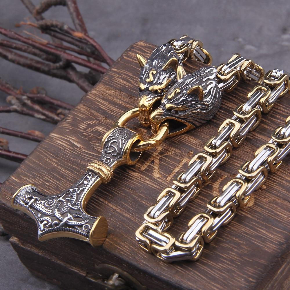 Stainless Steel Double Wolf Head & Mjolnir Survival Spirit Necklace/Bracelet-Orizon Depot