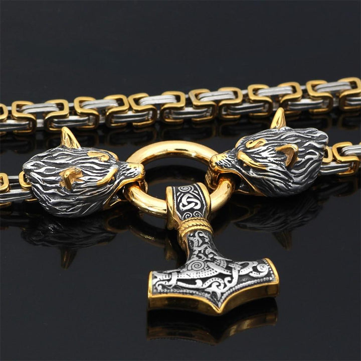 Stainless Steel Double Wolf Head & Mjolnir Survival Spirit Necklace/Bracelet-Orizon Depot