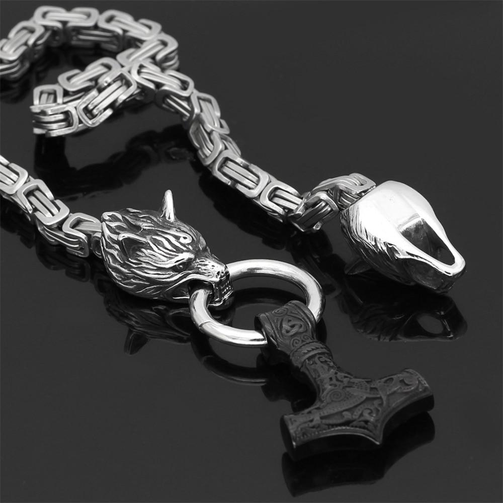 Stainless Steel Double Wolf Head & Mjolnir Survival Spirit Necklace/Bracelet-Orizon Depot