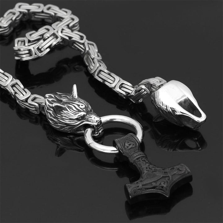 Stainless Steel Double Wolf Head & Mjolnir Survival Spirit Necklace/Bracelet-Orizon Depot