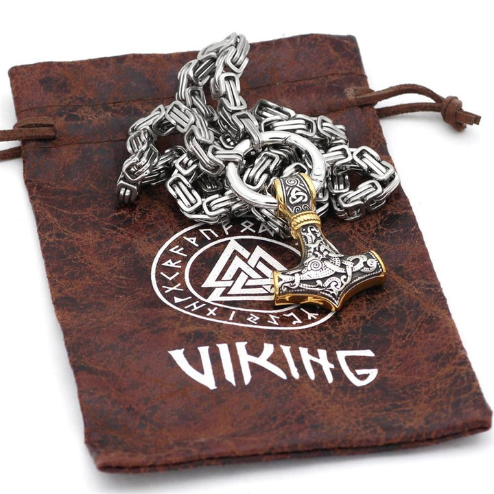 Stainless Steel Double Wolf Head & Mjolnir Survival Spirit Necklace/Bracelet-Orizon Depot