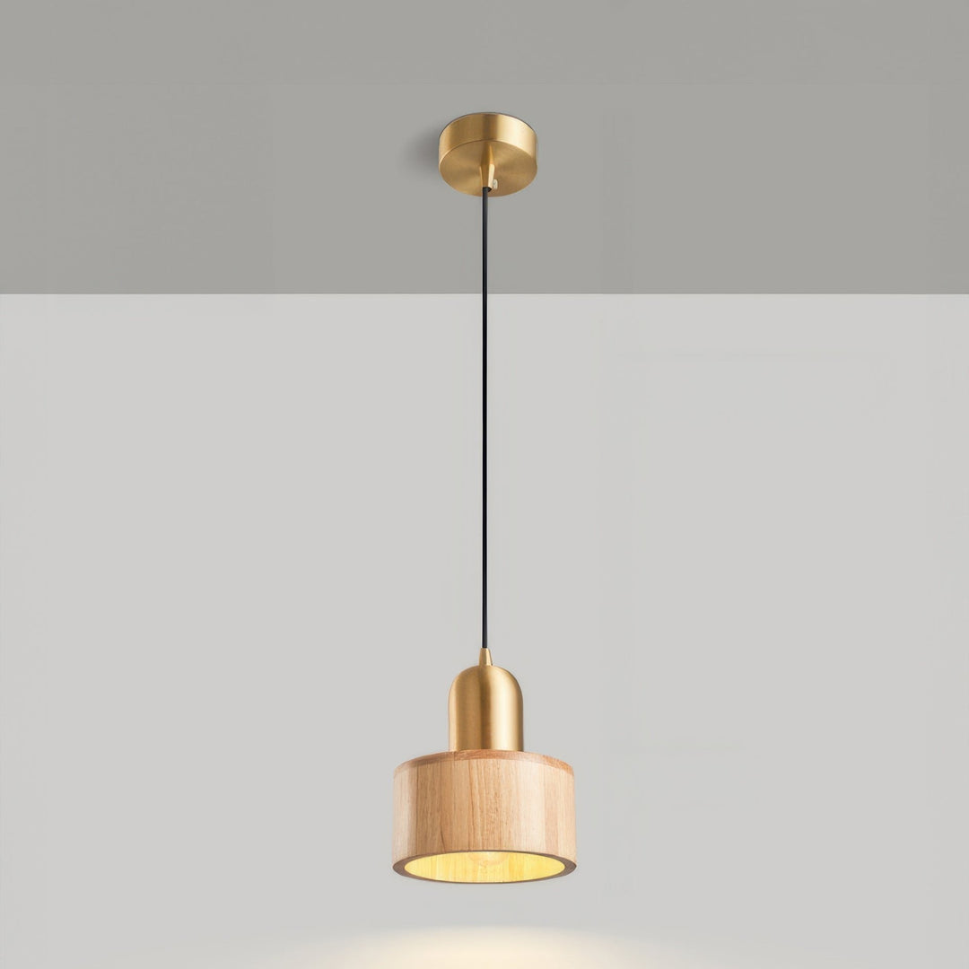 Japanese-Style Walnut and Brass Cylinder Pendant Light Fixture