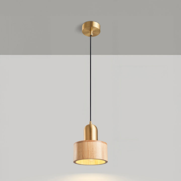 Japanese-Style Walnut and Brass Cylinder Pendant Light Fixture