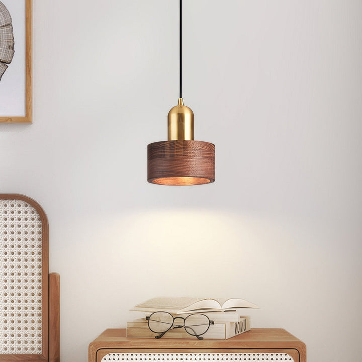 Japanese-Style Walnut and Brass Cylinder Pendant Light Fixture