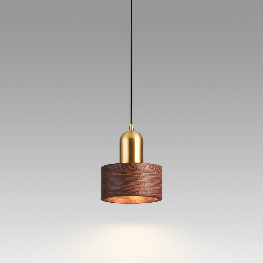 Japanese-Style Walnut and Brass Cylinder Pendant Light Fixture