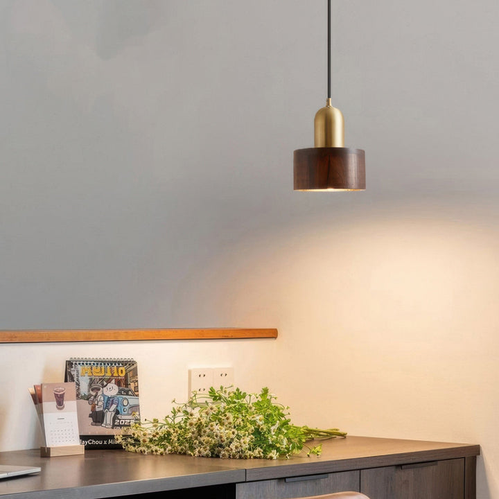 Japanese-Style Walnut and Brass Cylinder Pendant Light Fixture