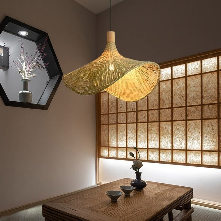 Woven Bamboo Straw Hat Pendant Light for Boho Interiors-Orizon Depot